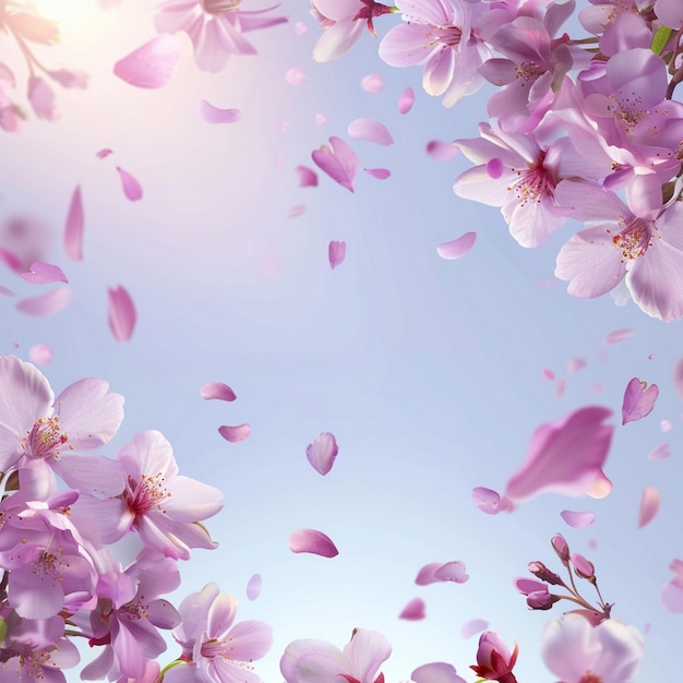 PSD elegant spring background with blooming cherry blossoms and flying petals