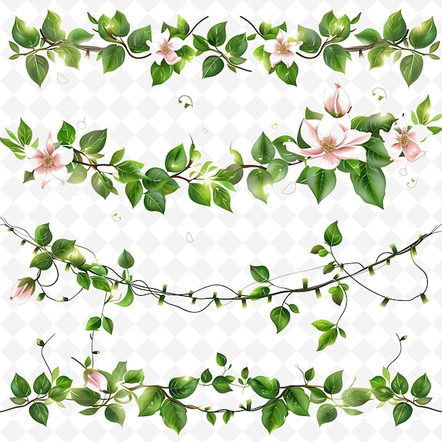 Elegant String Lights With Trailing Ivy and Magnolias Leaves PNG Natural Inspired Flat Borderline