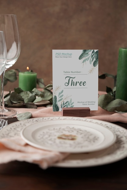 Elegant table setting for occasion with table number mock-up