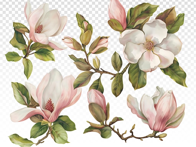 Elegant Vintage Watercolor Magnolia Clusters in Soft Pastels