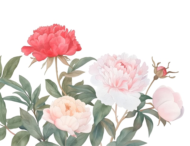 PSD elegant watercolor bouquet of red and white peonies with green foliage