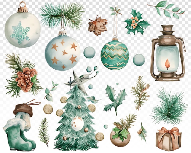 PSD elegant watercolor christmas decorations in emerald and brown