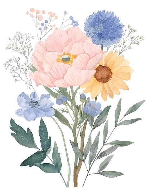 PSD elegant watercolor floral bouquet with pastel peonies and wildflowers