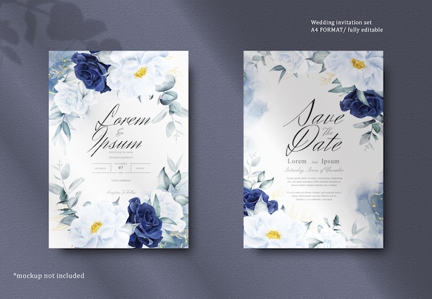 Elegant Watercolor Floral Frame Wedding Stationery with Navy Blue Flower and Leaves