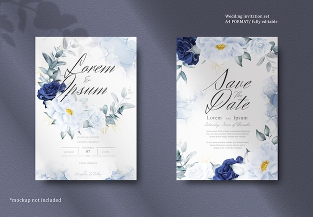 Elegant Watercolor Floral Frame Wedding Stationery with Navy Blue Flower and Leaves