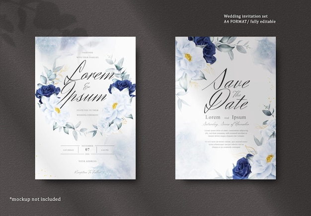 Elegant Watercolor Floral Frame Wedding Stationery with Navy Blue Flower and Leaves