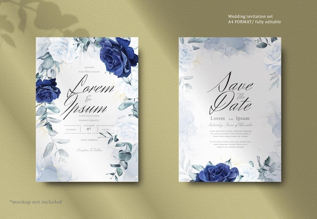 Elegant Watercolor Floral Wreath Wedding Stationery with Navy Blue Flower and Leaves