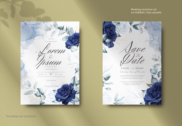 Elegant Watercolor Floral Wreath Wedding Stationery with Navy Blue Flower and Leaves