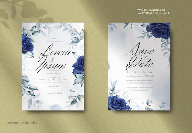 Elegant Watercolor Floral Wreath Wedding Stationery with Navy Blue Flower and Leaves