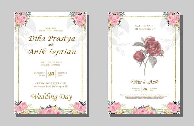 Elegant watercolor wedding invitation card with greenery leaves psd premium