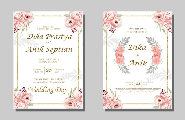 Elegant watercolor wedding invitation card with greenery leaves psd premium