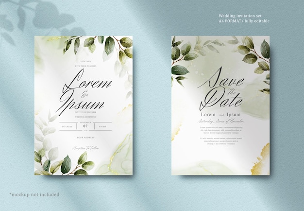 Elegant watercolor wedding invitation card with greenery leaves