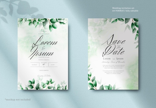 Elegant watercolor wedding invitation card with greenery leaves