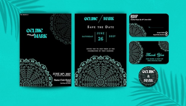 PSD elegant wedding invitation card template with blue mandala decoration