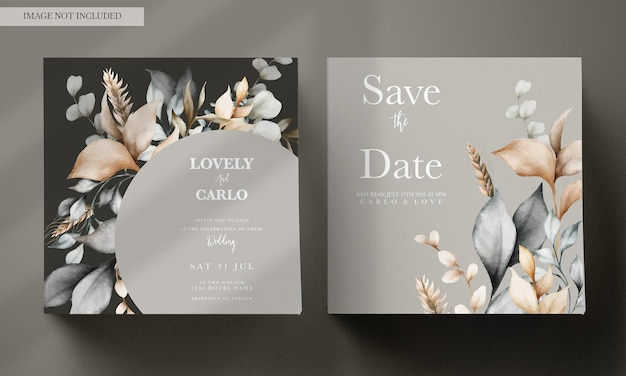 PSD elegant wedding invitation card with bohemian leaves watercolor