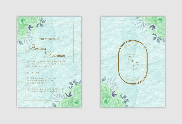 Elegant wedding invitation template with green background Premium Psd