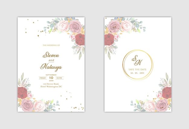 Elegant wedding invitation template with purple flower Premium Psd