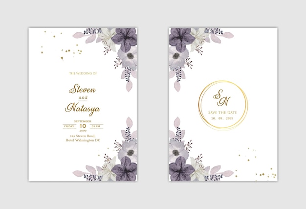 Elegant wedding invitation template with purple flower Premium Psd