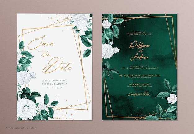 Elegant wedding invitation template with white floral and green leaves