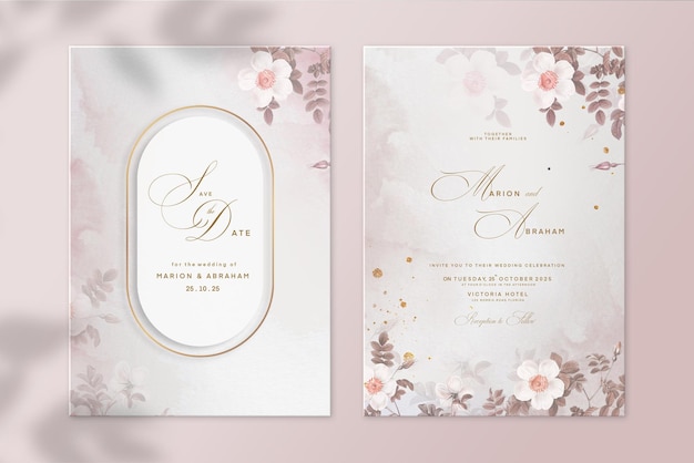 elegant wedding invitation template with white flower and brown leaves