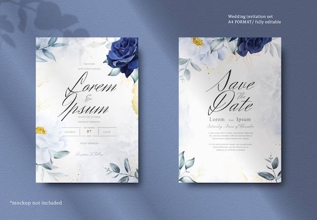 Elegant wedding Stationery with Navy Blue Flower and Leaves