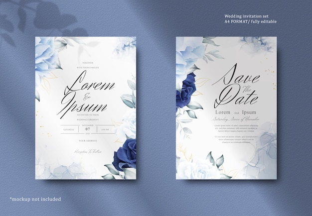 Elegant wedding Stationery with Navy Blue Flower and Leaves