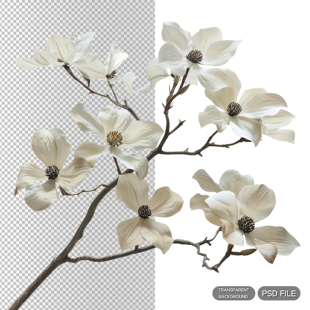 Elegant White Dogwood Flowers on Branches Isolated on White Background Botanical Nature Photography for Decor and Design