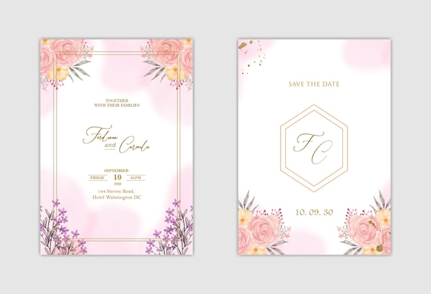 Elegant white wedding invitation and save the date with blue flower Premium Psd