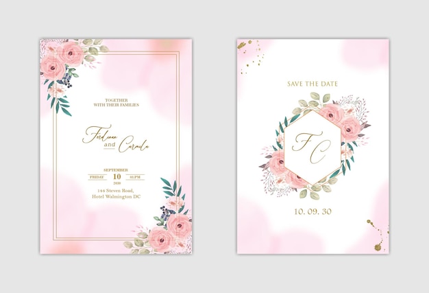 Elegant white wedding invitation and save the date with blue flower Premium Psd