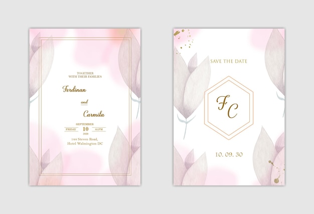 Elegant white wedding invitation and save the date with blue flower Premium Psd