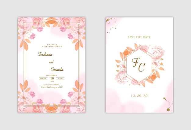 Elegant white wedding invitation and save the date with blue flower Premium Psd