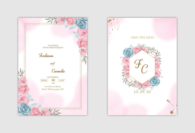 Elegant white wedding invitation and save the date with blue flower Premium Psd