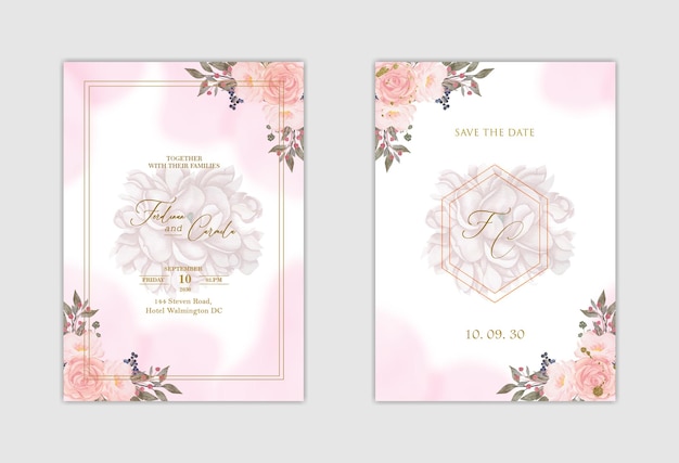 Elegant white wedding invitation and save the date with blue flower Premium Psd