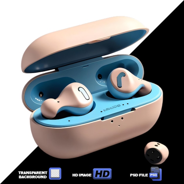 PSD elegant wireless earbuds on isolated bg featuring bluetooth noise cancelation