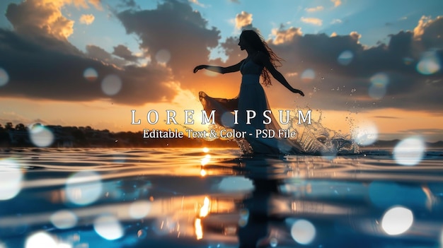 PSD elegant woman dancing on water sunset and silhouette ai generated