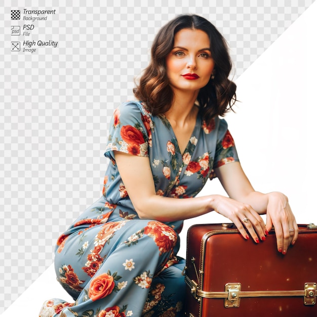 Elegant woman in floral dress with vintage suitcase on transparent background