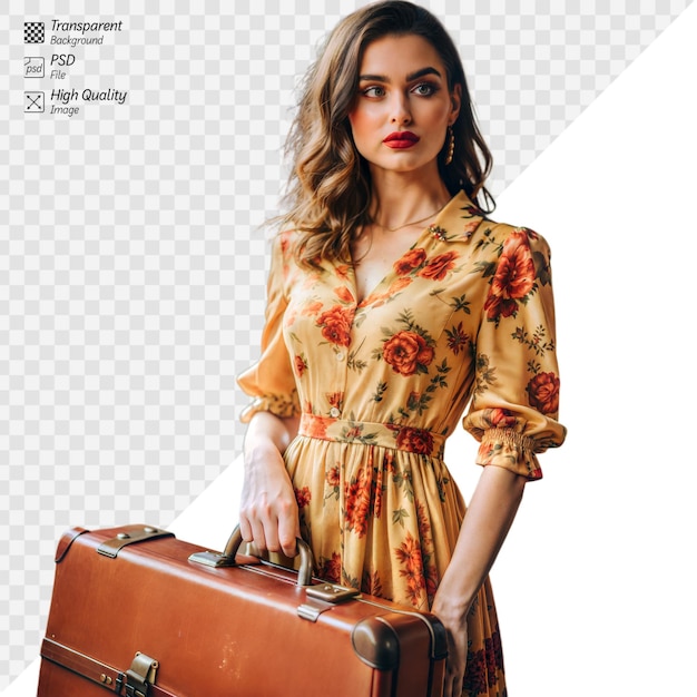 Elegant woman holding suitcase on transparent background