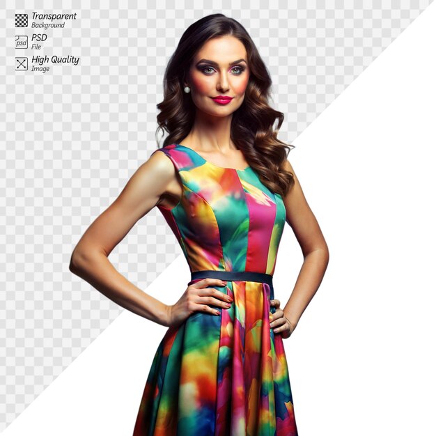 Elegant woman in vibrant dress on transparent background