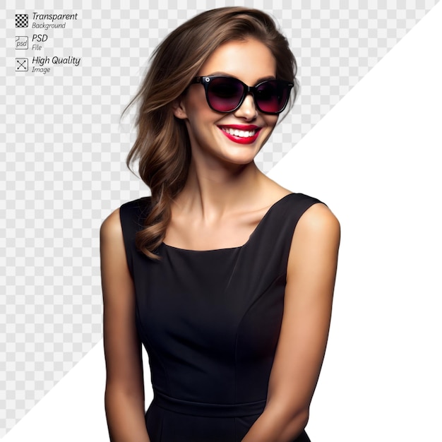 Elegant woman with sunglasses and red lipstick smiling confidently