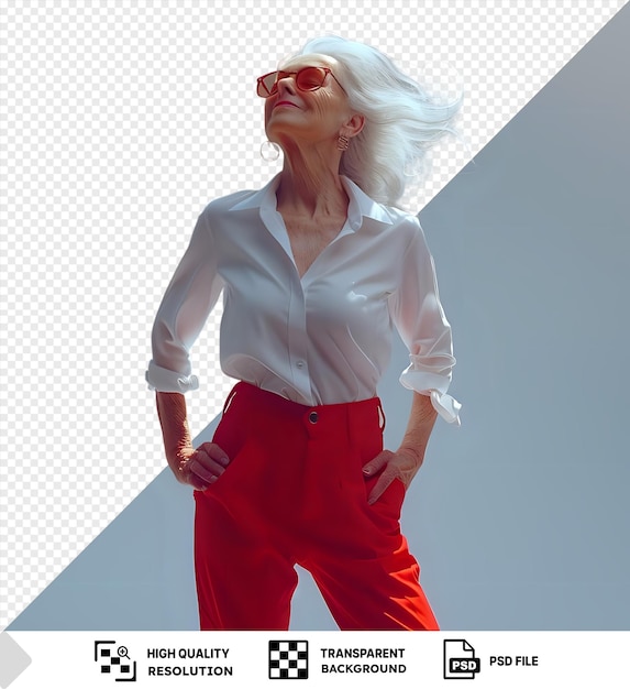 PSD elegant woman with white shirt and red pants posing against a transparent background