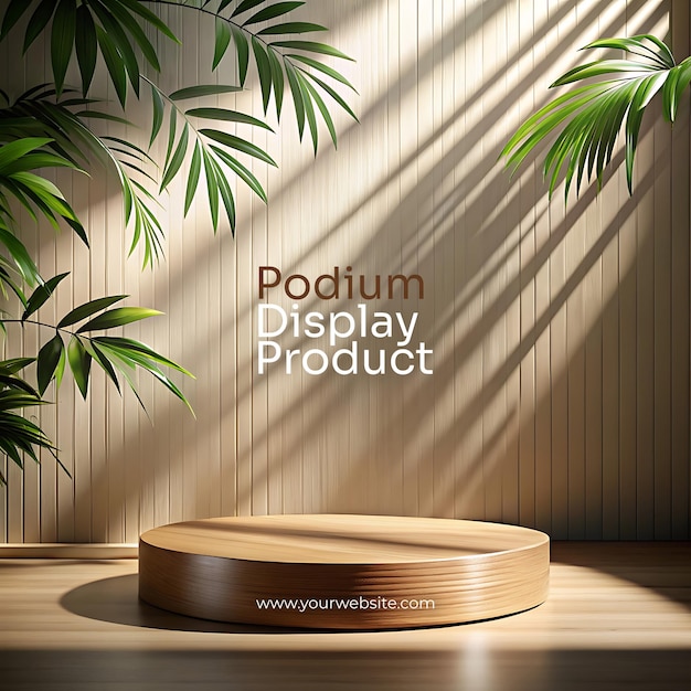 Elegant Wooden Podium with Leaf Shadows Realistic Platform for Product Presentation