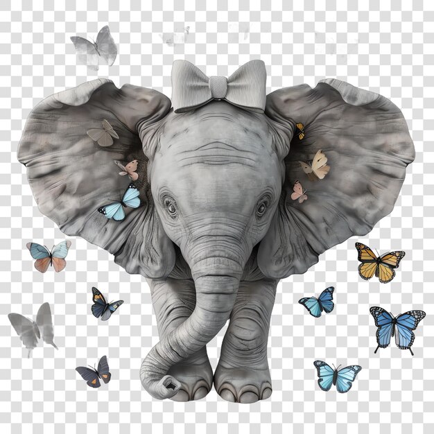 PSD an elephant with a bow on its head and butterflies on it