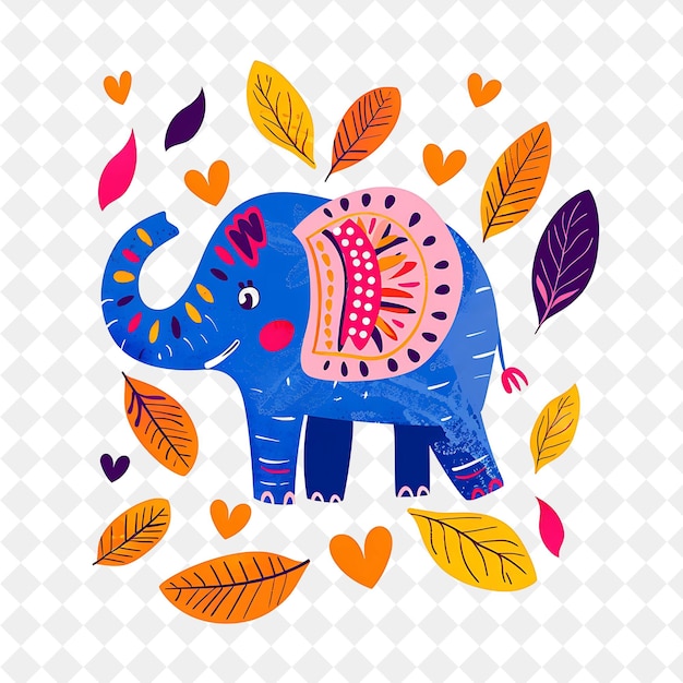 PSD an elephant with colorful spots on its back is surrounded by leaves