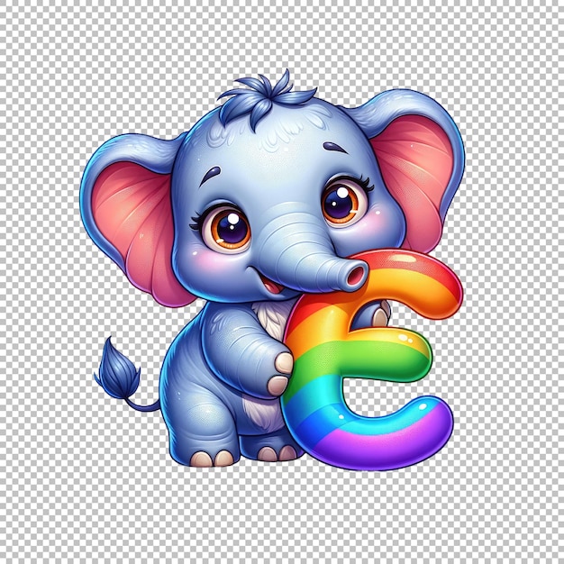 Elephant with Rainbow Letter E Adorable Fantasy Wildlife Illustration