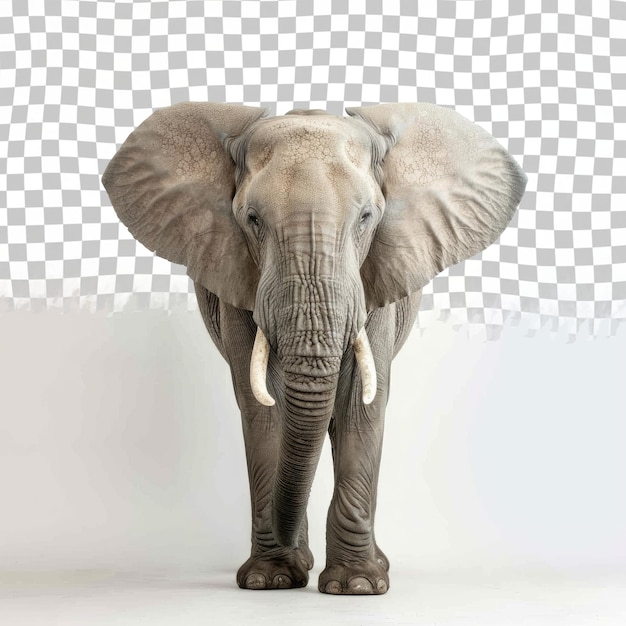 an elephant with tusks on the face is standing in front of a white background