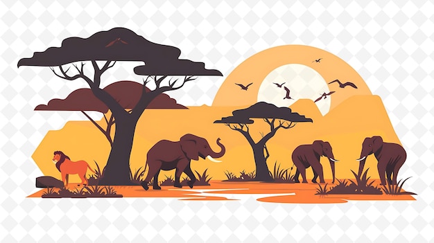 PSD elephants and trees in a safari with sun and birds flying in the background