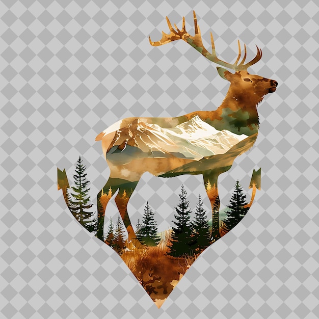 PSD elk within an arrowhead silhouette meadow located in a seren png watercolor wild life collections