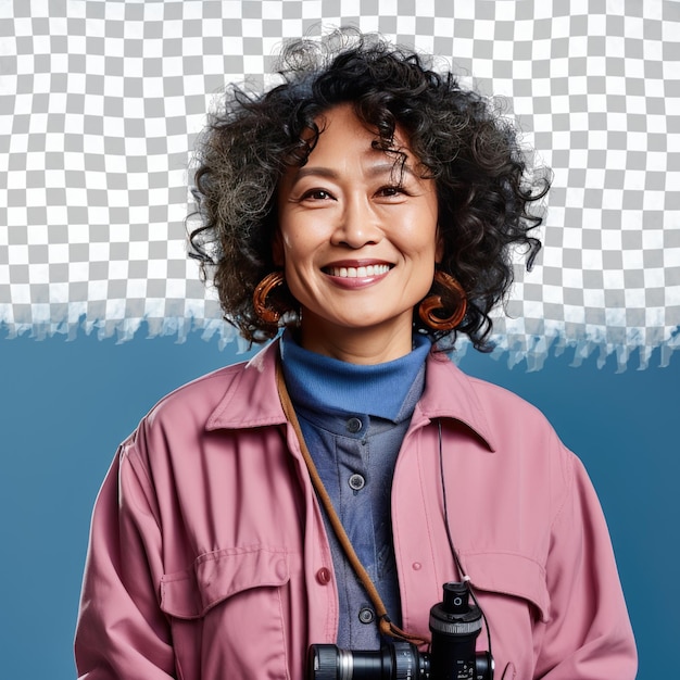 A Embarrassed Middle aged woman with Curly Hair from the East Asian ethnicity dressed in Camera Operator attire poses in a Eyes Downcast with a Smile style against a Pastel Periwinkle backgr