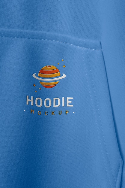 Embroidered logo on blue hoodie