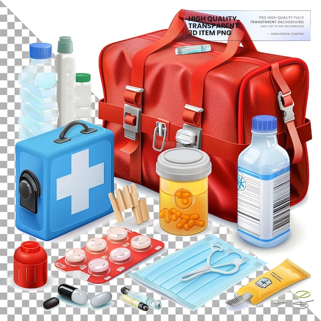 PSD emergency medical kits contain essential items for emergencies on transparent background